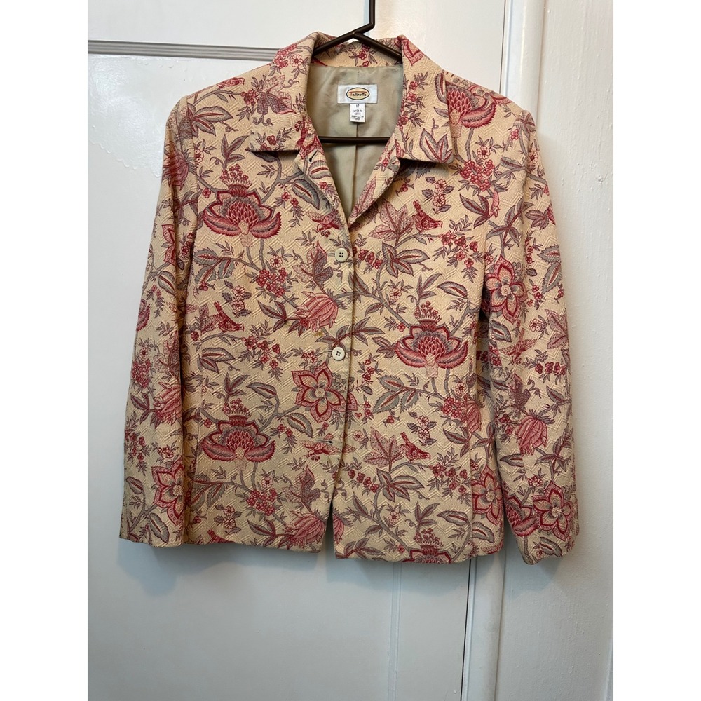 Talbots Womens 12 Blazer Jacket Cotton Silk Blend Floral Bird Jacquard Pink Red